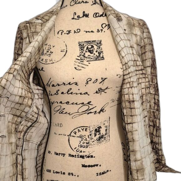 Alberto Makali Blazer Jacket 10 Brown 100% Linen Lace Pattern Notched Lapel - Picture 3 of 9